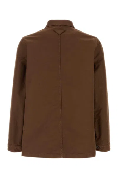 Prada Canvas Jacket Collared Chest And Front Pockets In Brown