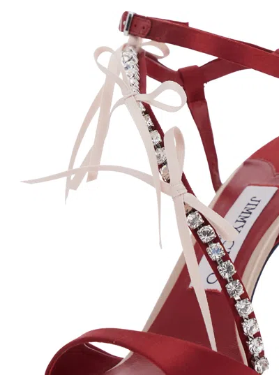 Jimmy Choo Lula Red Heeled Sandals With Crystal Straps And Shaped Bows In Satin Woman In Pink
