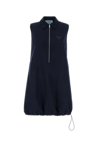 Prada Poplin Mini Dress Sleeveless Drawstring Hem In Blue