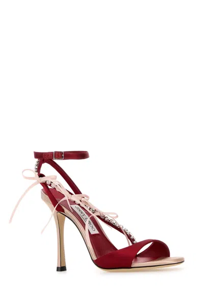 Jimmy Choo Lula Red Heeled Sandals With Crystal Straps And Shaped Bows In Satin Woman In Pink