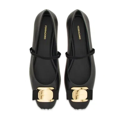 Ferragamo Lambskin Flats With Gold-tone Buckle Detail In White