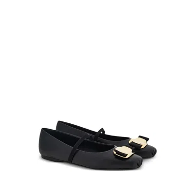 Ferragamo Lambskin Flats With Gold-tone Buckle Detail In White