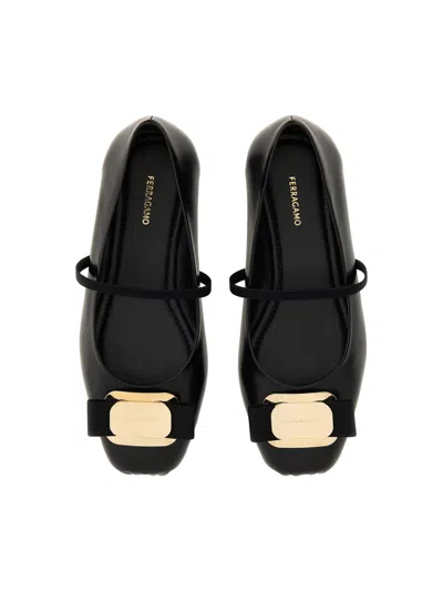 Ferragamo Lambskin Flats With Gold-tone Buckle Detail In White