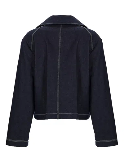 Ps By Paul Smith Denim Cotton-blend Cropped Asymmetric Jacket With Topstitching Blue