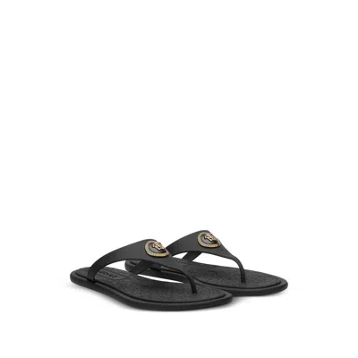 Versace Flat Sole Open Toe Sandals With Medusa Motif In Black