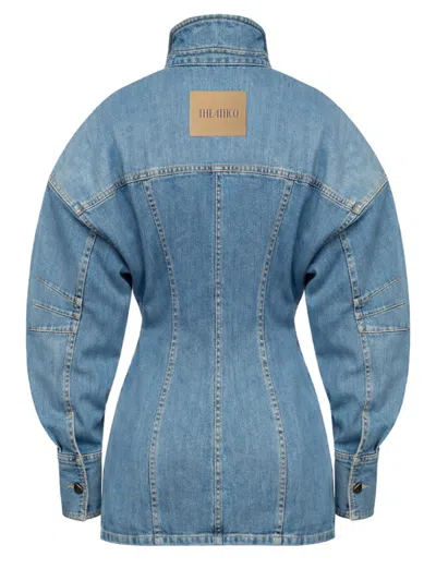 Attico Denim Mini Dress Front Pockets Long Sleeves In Blue
