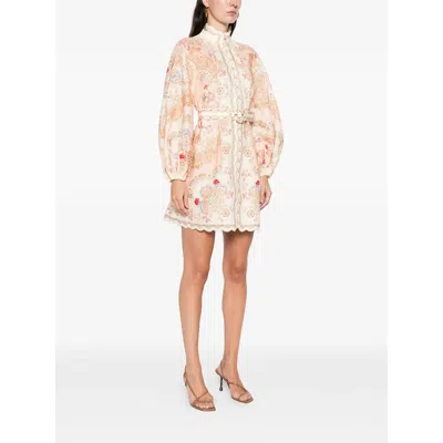 Zimmermann Daylight Multicolor Midi Dress With Long Puffed Sleeves And All-over Floral Print In Linen Woman In Yellow