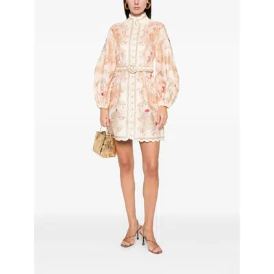 Zimmermann Daylight Multicolor Midi Dress With Long Puffed Sleeves And All-over Floral Print In Linen Woman In Yellow