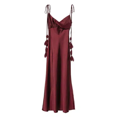 Self-portrait Bordeaux Long Dress With Knotted Shoulder Straps And Floral Details In Fabric Woman In Burgundy