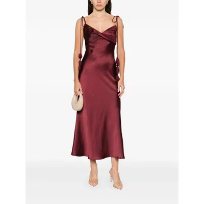 Self-portrait Bordeaux Long Dress With Knotted Shoulder Straps And Floral Details In Fabric Woman In Burgundy