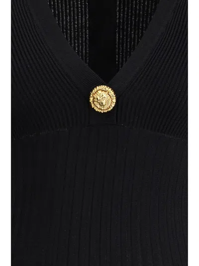 Balmain Button-embellished Ribbed Knit Mini Dress In Black