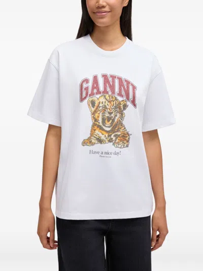 Ganni Womens Bright White Tiger-print Round-neck Cotton-jersey T-shirt Xl