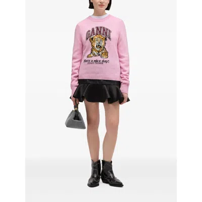 Ganni Graphic Print Long Sleeve Crew Neck Sweater In Pink