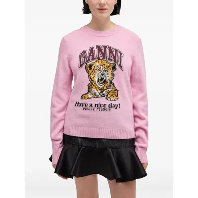 Ganni Graphic Print Long Sleeve Crew Neck Sweater In Pink