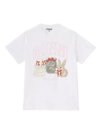 Ganni Graphic Print Crew Neck Short Sleeve Top In White