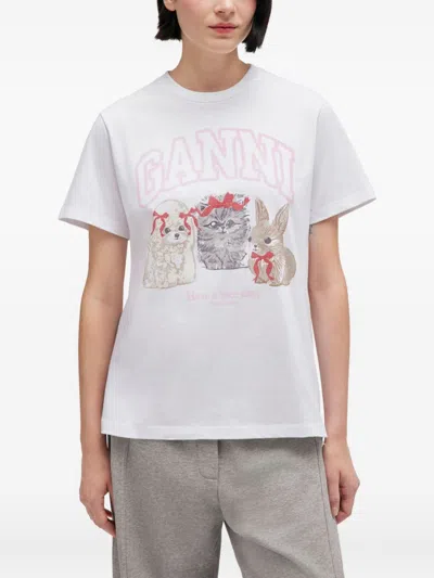 Ganni Graphic Print Crew Neck Short Sleeve Top In White