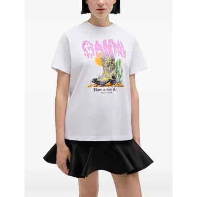 Ganni Graphic Print Relaxed Fit Short Sleeve Top In White