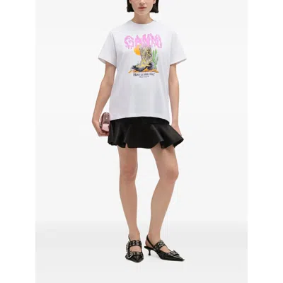 Ganni Graphic Print Relaxed Fit Short Sleeve Top In White