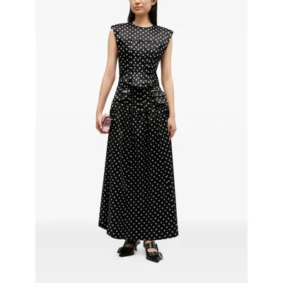 Ganni Womens Black Padded-shoulder Polka-dot Satin Corset Top