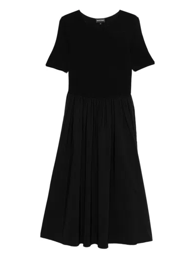 Emporio Armani Midi Dress Gathered Skirt Round Neckline In Black