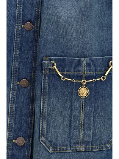 Chloé Blue Jacket With High Neck And Chain Detail On The Front In Denim Woman