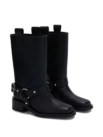 Ganni Mid Calf Recycled Leather Biker Boots In Black