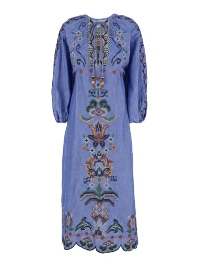 Farm Rio Blue Crew Neck Dress With Knot Closure And All-over Embroidery In Fabric Woman
