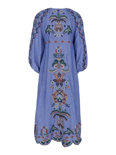 Farm Rio Blue Crew Neck Dress With Knot Closure And All-over Embroidery In Fabric Woman