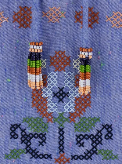 Farm Rio Blue Crew Neck Dress With Knot Closure And All-over Embroidery In Fabric Woman