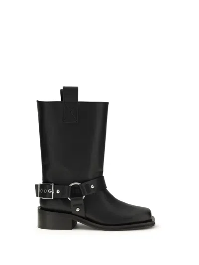 Ganni Mid Calf Recycled Leather Biker Boots In Black