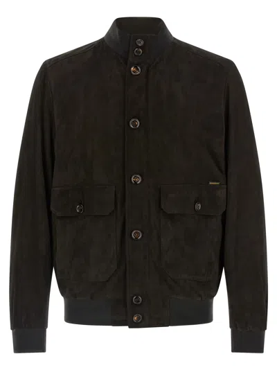Moorer Brown Solid Mandarin Collar Jacket In Brown