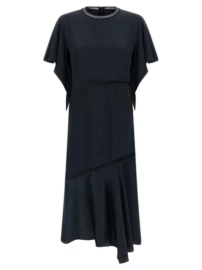 Fabiana Filippi Dress Ruffle Detail Asymmetrical Hem Round Neckline In Blue
