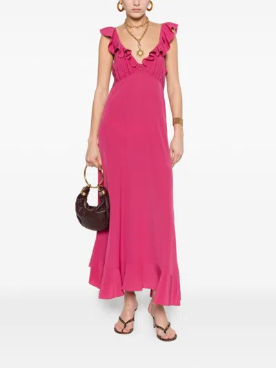 Chloé Maxi Dress Flared Hem Ruffled Neckline In Pink