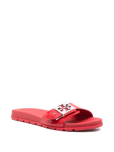 Tory Burch Buckle Slides Sandals Open Toe Flat Sole In Red