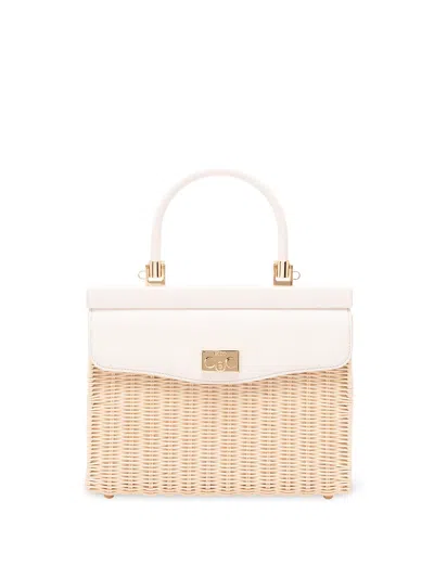 Rodo Medium Wicker Top Handle Shoulder Bag In White