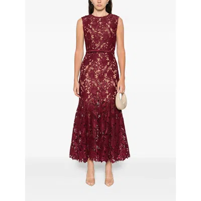Self-portrait Fitted Guipure Lace Midi Dress With Removable Belt In Red