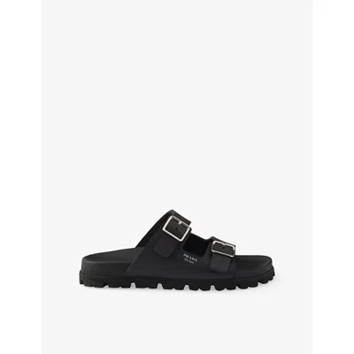 Prada Flat Sole Open Toe Leather Sandals In Black