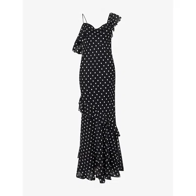 Self-portrait Long Dress Black Polka Dot With V-neck In Black Georgette For Women In Multi