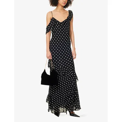 Self-portrait Long Dress Black Polka Dot With V-neck In Black Georgette For Women In Multi