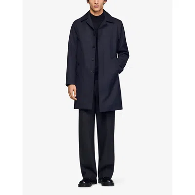 Sandro Mens  Lapel-collar Regular-fit Technical Wool-blend Coat In Blue