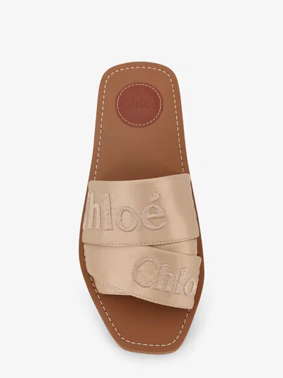 Chloé Woody Satin Sandals Embroidered Logo Rubber Sole In Neutral