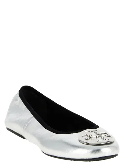 Tory Burch Silver Colored Ballerinas With Logo Plaque On The Front And Elasticated Design In Leather Woman