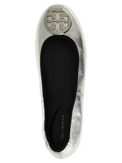 Tory Burch Silver Colored Ballerinas With Logo Plaque On The Front And Elasticated Design In Leather Woman