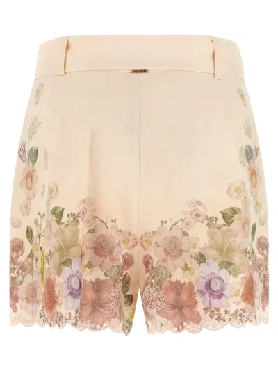 Twinset Beige Shorts With Floral Print And Waist Belt In Linen Woman In Neutral
