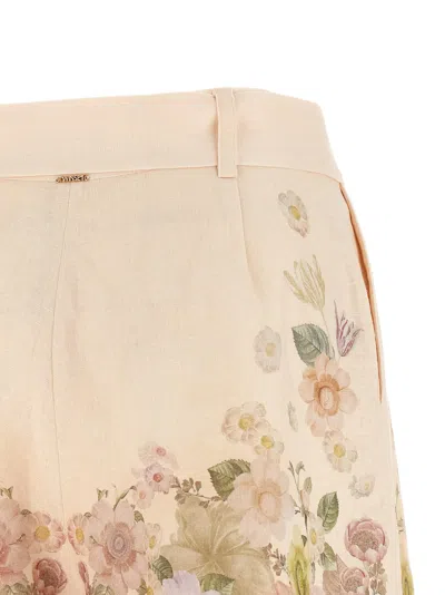 Twinset Beige Shorts With Floral Print And Waist Belt In Linen Woman In Neutral