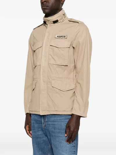 Aspesi High Collar Jacket Adjustable Cuffs Epaulettes In Neutral