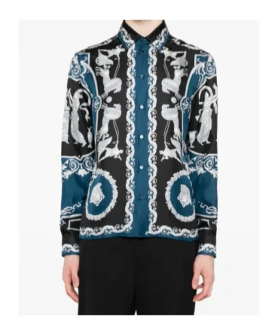 Versace Silk Shirt With Printed Design And Button-down Collar In Multi