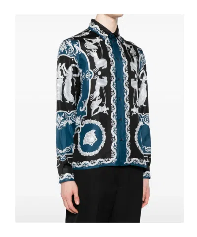 Versace Silk Shirt With Printed Design And Button-down Collar In Multi