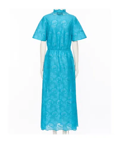 Valentino Eyelet Embroidered Cotton Drawstring Midi Dress In Blue