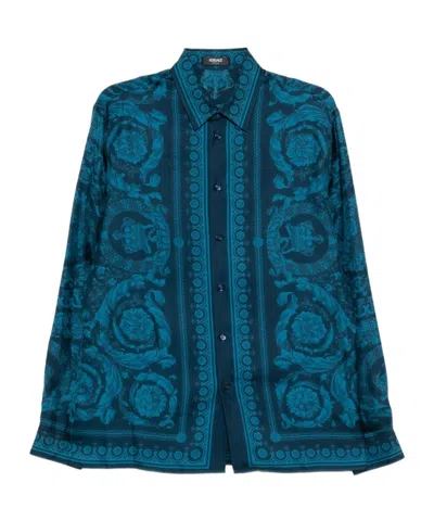Versace Informal Shirt Silk Twill Fabric Barocco 92 Print Shirts Blue In Blue